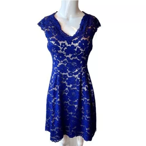 Vince Camuto Womens Lace Fit & Flare Dress V Neck Scalloped Floral Navy Size 0P