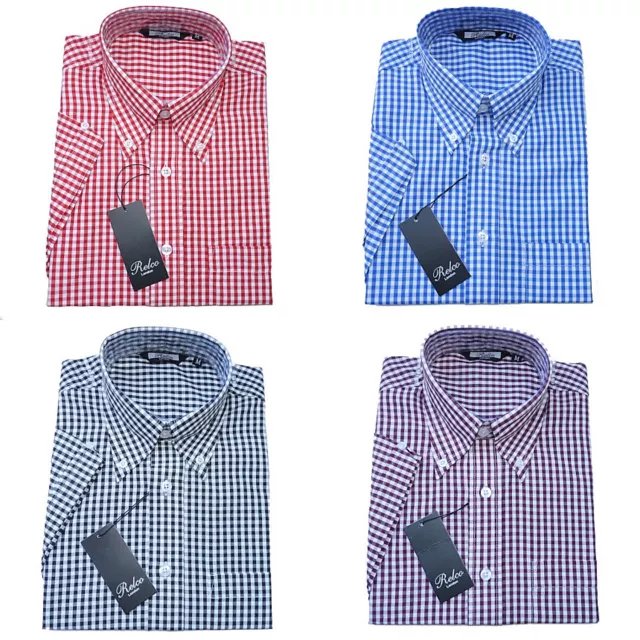 Relco Mens Gingham Check Short Sleeve Shirt 4 Colours Button Down Collar Mod Vtg