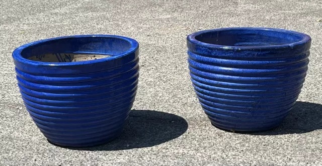 Ceramic Blue Pair Of Large Plant Pots. Very Good Quality.