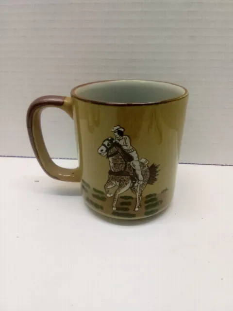 Vintage Cowboy Riding Horse Brown & Tan Coffee Tea mug  4" X 3.5"