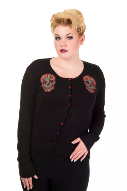 Day of the Dead Flower Heart Sugar Skull Embroidery Black Sweater Cardigan 2