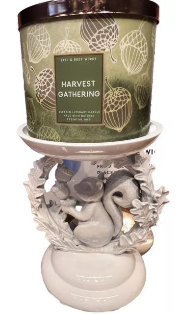 Bath & Body Works SQUIRREL & LEAVES RING Pedestal 3-WICK CANDLE HOLDER BOXED