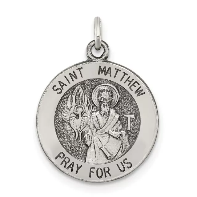 Sterling Silver St. Saint Matthew Round Medal Charm Pendant 0.79 Inch