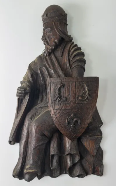Antique Gothic Revival Oak Carved Figure of a Knight or King with Shield
