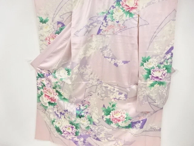98519# Japanese Kimono / Antique Furisode / Embroidery / Flower & Tanzaku Pa
