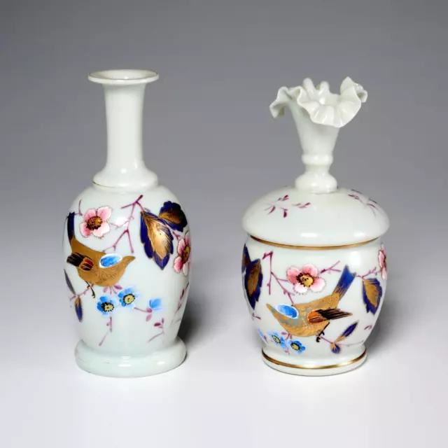 Antique Victorian Bristol Style Enameled Glass Partial Vanity Set - Jar & Bottle