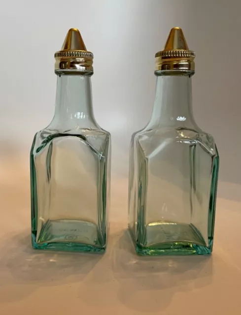 Vtg Glass Square Oil & Vinegar Cruets With Metal Lids Clear Glass Green Tint