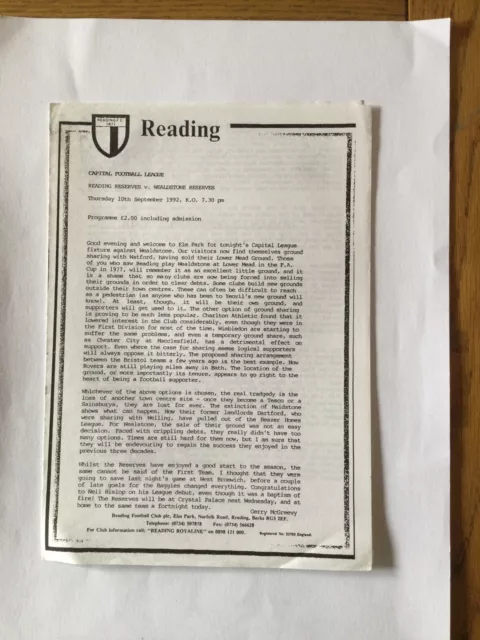 READING Res v WEALDSTONE Res ( Capital League ) 1992/3.