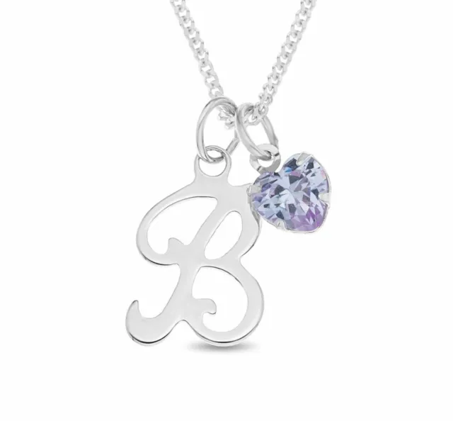 Sterling Silver One Initial And CZ Birthstone Heart Charm Pendant On 18" Chain