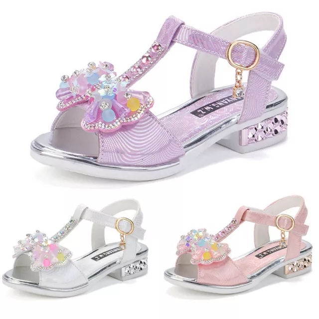 Kids Girls Princess Dress Party Sandals Rhinestone Bowknot High Heels Shoes AU