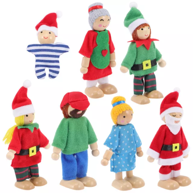 Xmas Dolls House Family of 7 Flexible Wooden Doll Dollhouse Miniature Figures