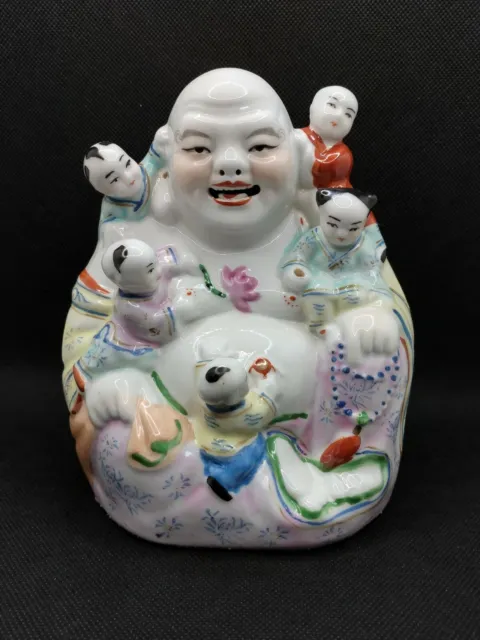 Vintage Chinese Porcelain Laughing Buddha Figure w/ 5 Children #84.