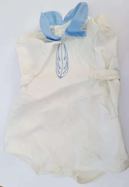 Vtg Handmade Child Infant Toddler Romper w embroidered Decoration Blue Collar