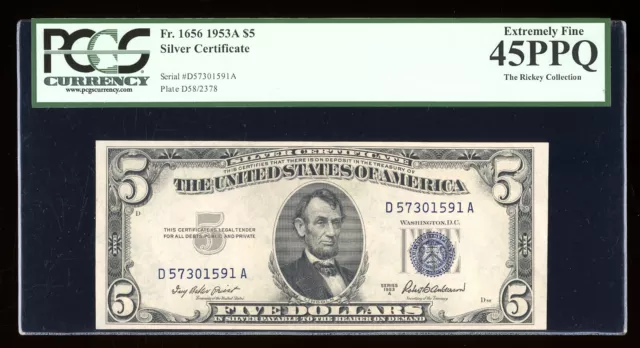 DBR 1953-A $5 Silver Fr. 1656 DA Block PCGS 45 PPQ Serial D57301591A