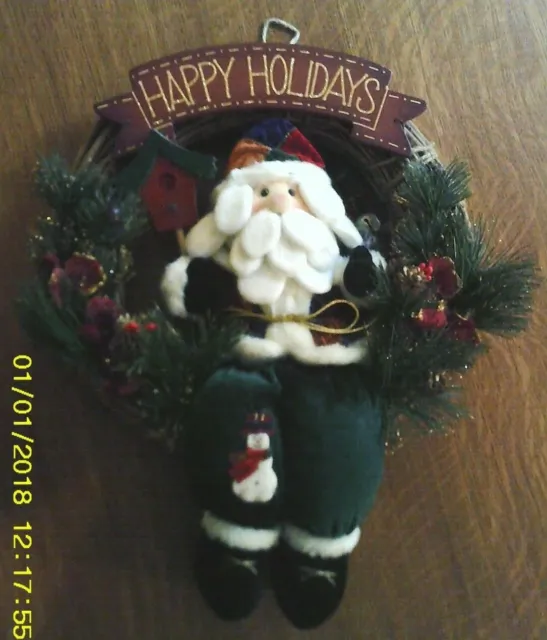 Happy Holidays Christmas wreath w/folk art plush Santa,birdhouse greenry Snowman