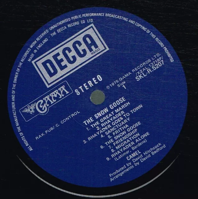 Camel Snow Goose LP vinyl UK Decca 1975 in laminated sleeve with insert, 1W/1W 3