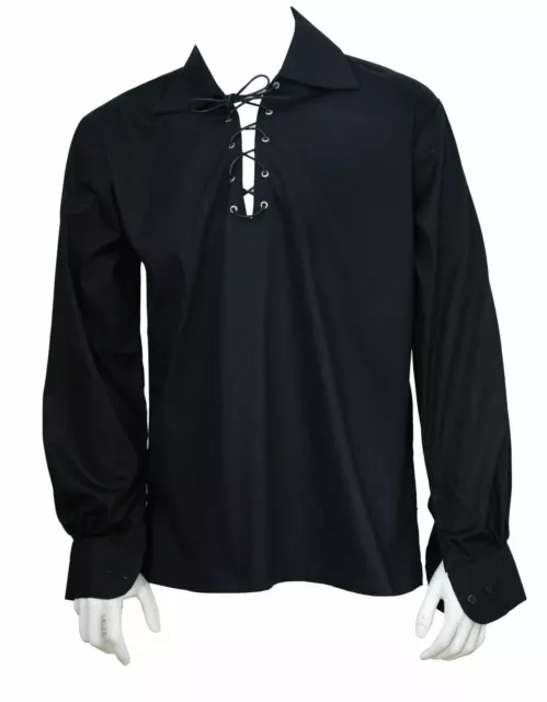 Scottish Black Jacobite Ghillie Kilt Shirt Leather Cord Sizes S,M,L,XL,XXL