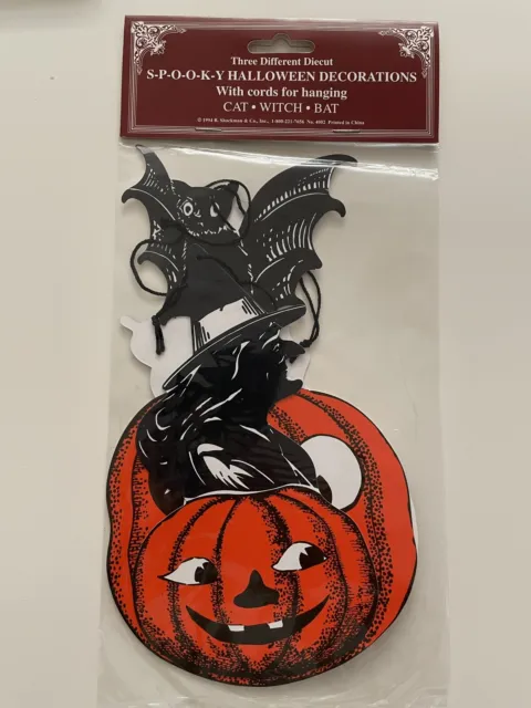 New VTG 1994 B. Shackman Die-Cut Halloween Decorations Spooky Cat, Witch & Bat