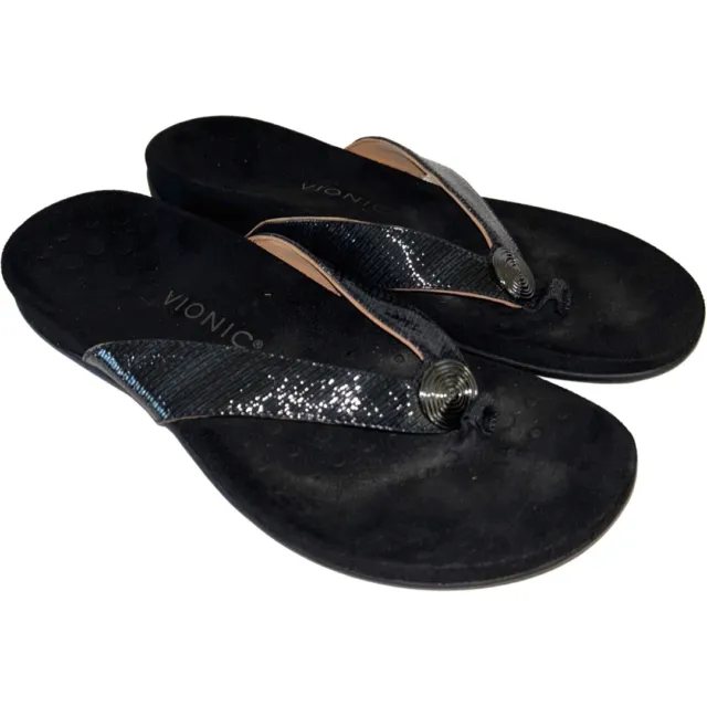 Vionic Thong Sandals Womens 9.5 Black Leather Metallic Hilda