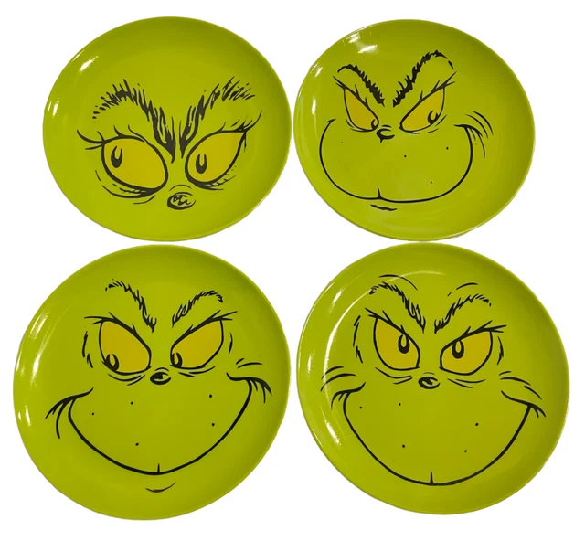 SET OF 4 Dr. Seuss Grinch Christmas Holiday Green 8" Melamine Plates 4