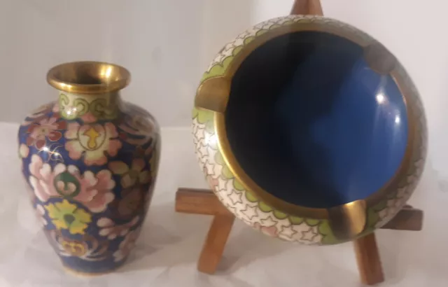 Cloisonné Oriental Vtg Vase Ashtray Floral Hand Painted Metal Enamel Miniatures