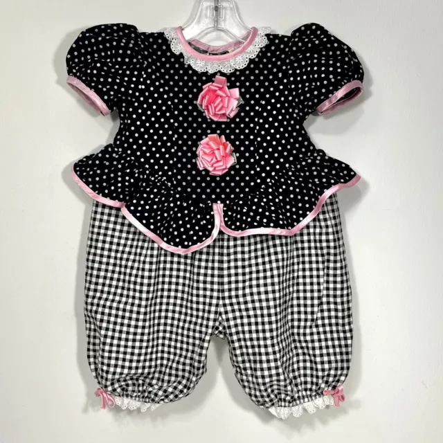 Bubble Romper Black Gingham Polka Dot Satin Flowers Eyelet Sz 12 Months Vintage