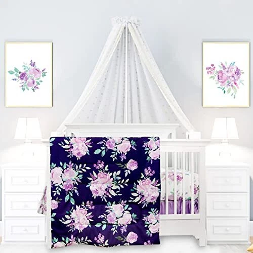 4 Piece Crib Bedding Set for Girls, Baby Nursery Crib Bedding Set, Purple