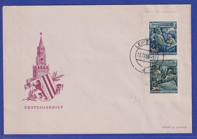 DDR 1955 Engels Block-Zusammendruck Mi.-Nr. 485 und 487 B O Leipzig auf Umschlag