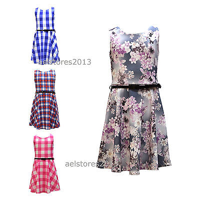 Girls Pink Skater Dress Flowers Chequered Print Belt Floral Blue Red 7-13 Years