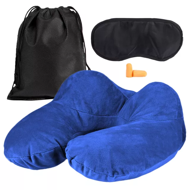 Cojín Cervical Almohada de Viaje Hinchable Conjunto Antifaz para Dormir Azul