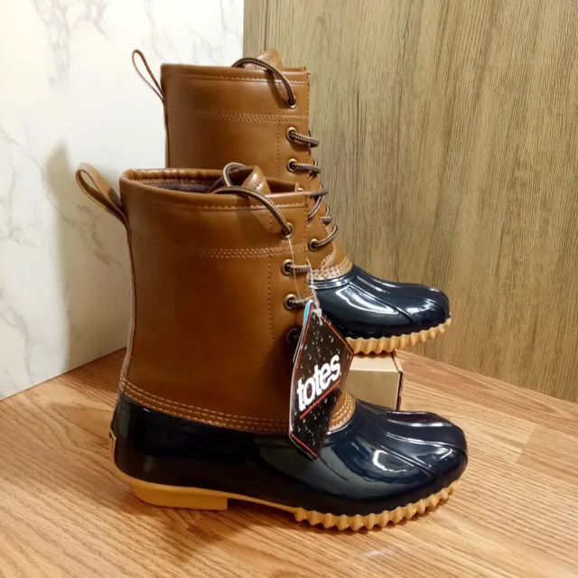 Totes Womens Sz 6 Medium Arieltan Duck Waterproof Tan Navy Snow Boots