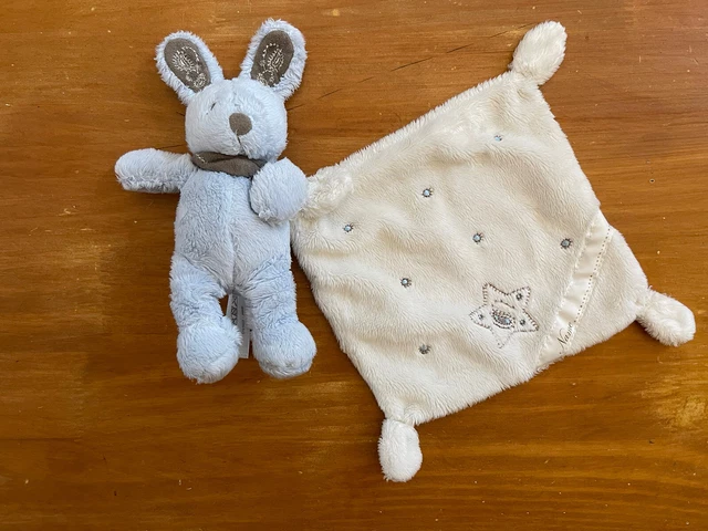 0/DOUDOU LAPIN PELUCHE AVEC MOUCHOIR Nicotoy Simba Toys  Blanc Bleu Gris