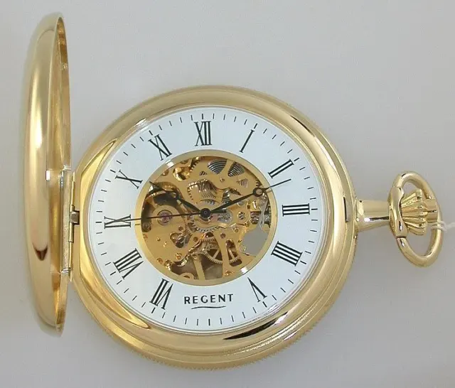 Regent P-90 Skeleton Pocket Watch Gold Plated with Chain Hand Wound