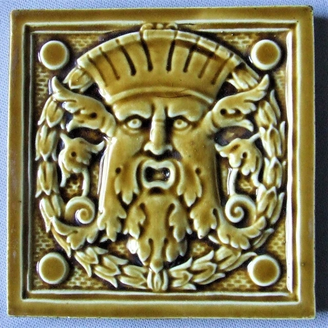Rare Art Deco Tile French Desvres Nouveau Masceron Green Man Northwind Face