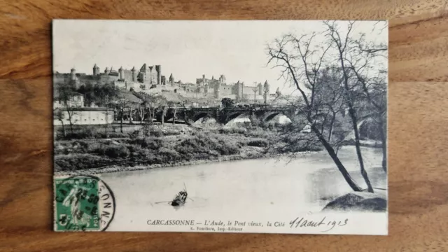 CPA CARCASSONNE (11) - L'Aude, Le pont Vieux, La Cité, 1913