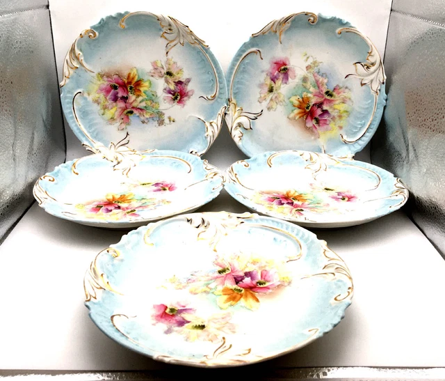Vintage/Antique 7 1/2" China Plate Pastel Floral & Gold Accent Unmarked Set of 5