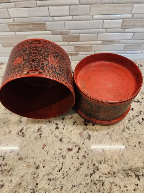 Burmese Asian Orange Lacquer Betel Nut Box RARE Zodiac and Maker Inscription 13