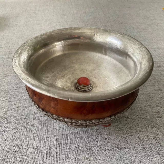 Tibetan Silver and Burl Vessel  ornamented with Red Coral and Tibetan Turquoise