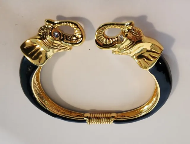 Kenneth Jay Lane Elephant Bracelet Black Gold Spring Bangle Designer Signed KJL