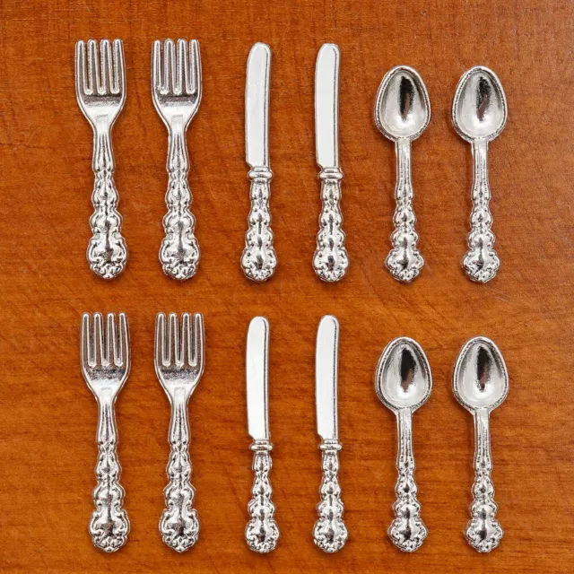 1:12 Silver Knife Fork Spoon Set Miniature Kitchen 12pcs Tableware Dollhouse Toy