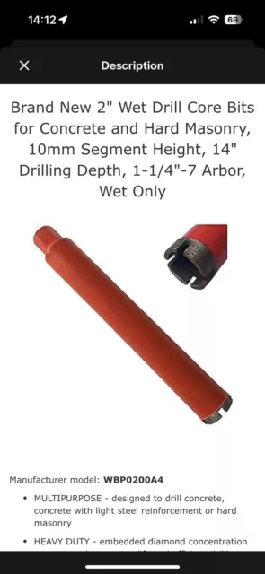 2” Wet Diamond Core Drill Bit for Concrete Granite Brick Block 1-1/4”-7 Arbor