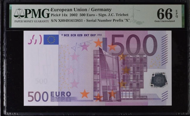 GEM UNC 500 Euro Germany European Union 2002 Trichet P-14x R013A1 PMG 66EPQ X094