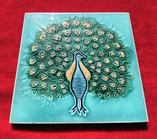 1 Piece Peacock Art Deco Embossed Design Majolica Ceramic Tiles Japan 0299 2