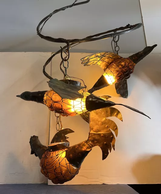 RARE vintage wrought Iron Hand Forged Blown Glass Chandelier Lamp Birds Rooster