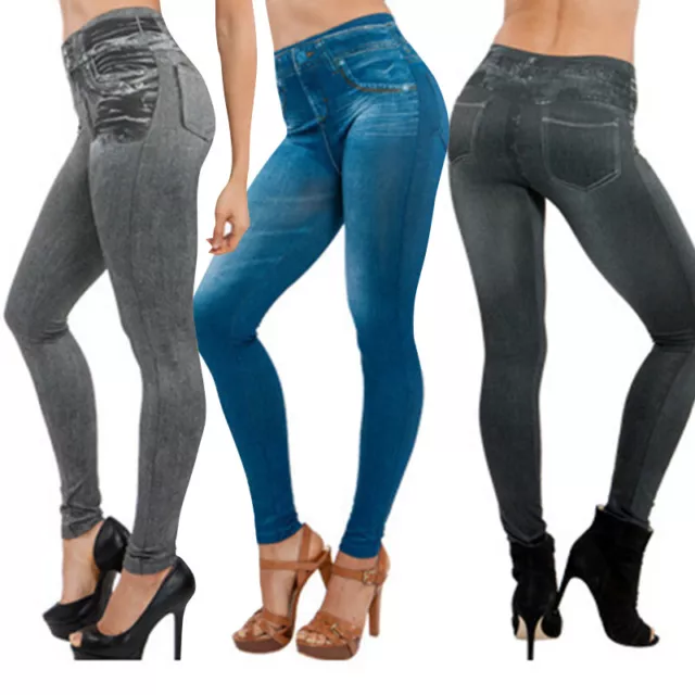 Women Skinny Jeggings Faux Denim Jeans Slim Pencil Long Leggings Casual Pants AU