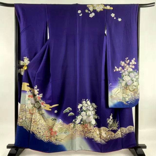 Japanese kimono SILK"FURISODE" long sleeves, Gold leaf, Rowel, Purple,L5'4".3238