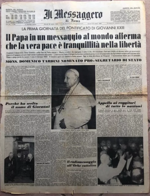 primo giorno di Giovanni XXIII giornale Il Messaggero originale 30 ottobre 1958