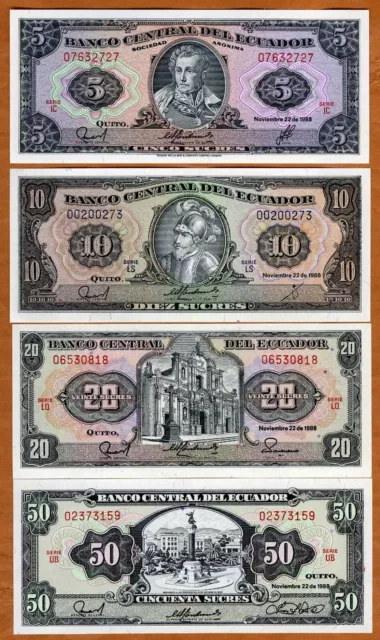 SET Ecuador, 5-10-20-50 Sucres, 11-22-1988, P-113d-121-121A-122a UNC