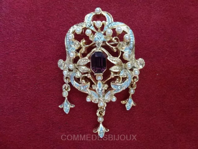 Broche "Néo Classique" Pavé Rectangle Nacre Améthyste - Bijoux Vintage Sphinx