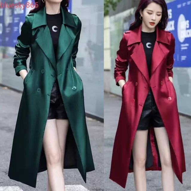 Women Satin Overcoat Lapel Double Breasted Long Trench Coat Slim Windbreaker